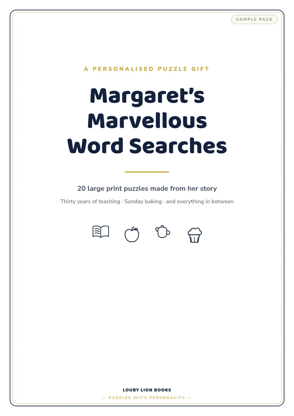 Sample personalised cover reading "Margaret’s Marvellous Word Searches — 20 large print puzzles made from her story", in the Louby Lion Books style