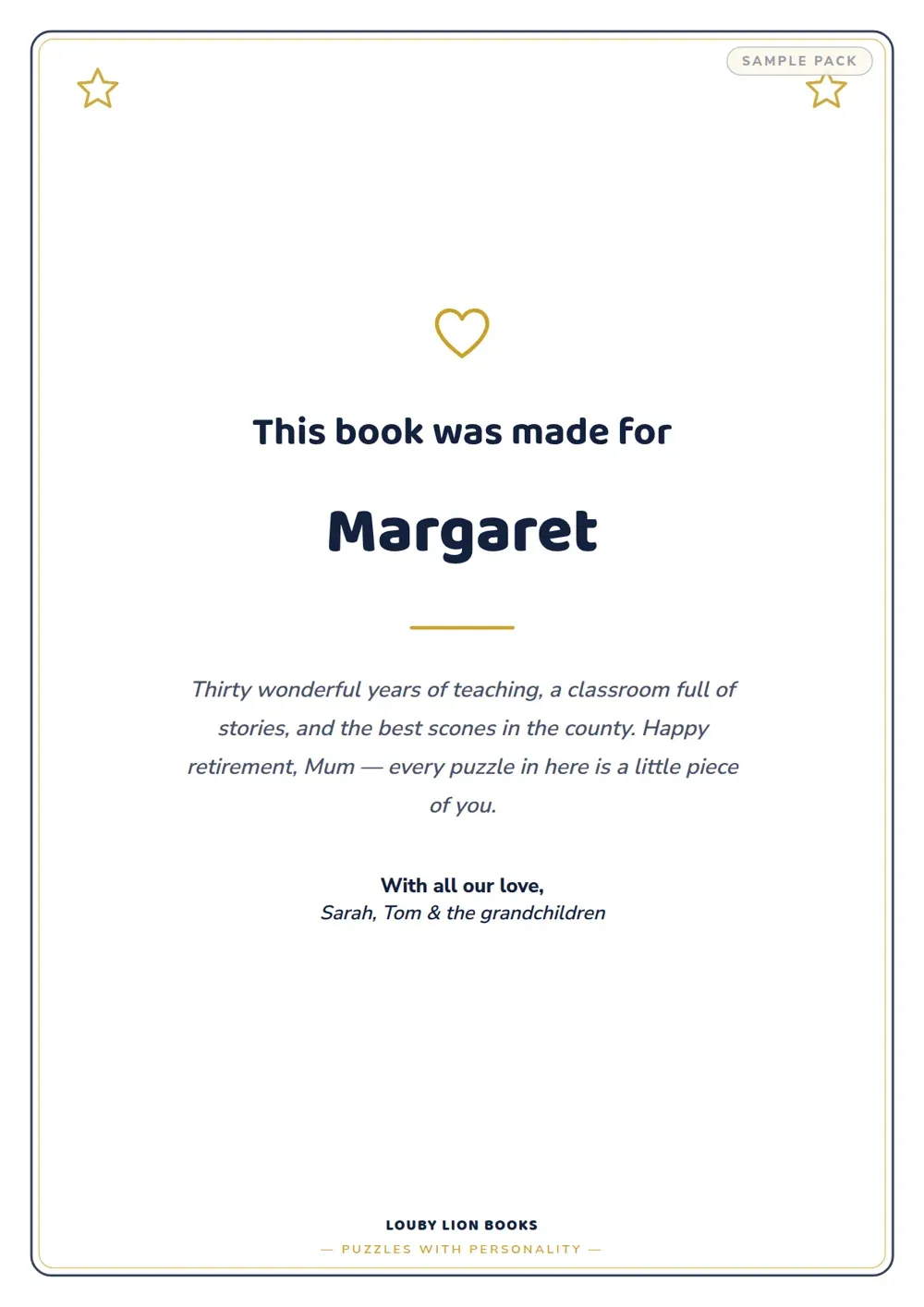 Sample dedication page reading "This book was made for Margaret", with a personal message from her family