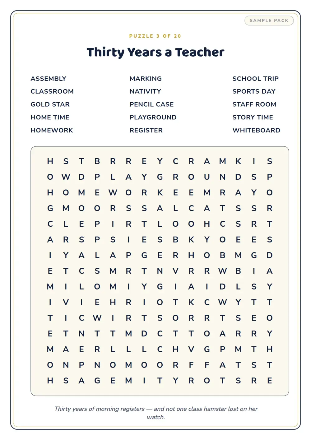 Sample personalised puzzle page titled "Thirty Years a Teacher", a large print word search with 15 words drawn from Margaret’s teaching career