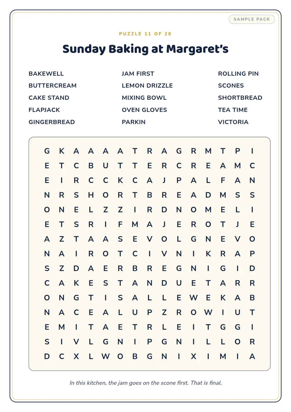 Sample personalised puzzle page titled "Sunday Baking at Margaret’s", a large print word search themed around her baking, with a playful one-liner beneath