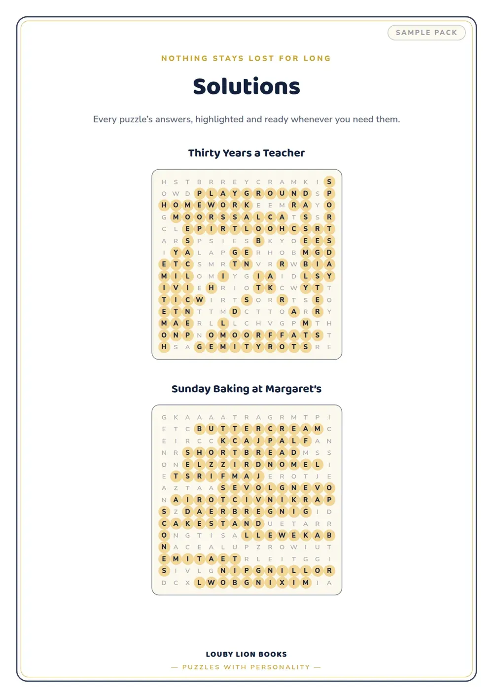 Sample solutions page showing both puzzles with every hidden word highlighted