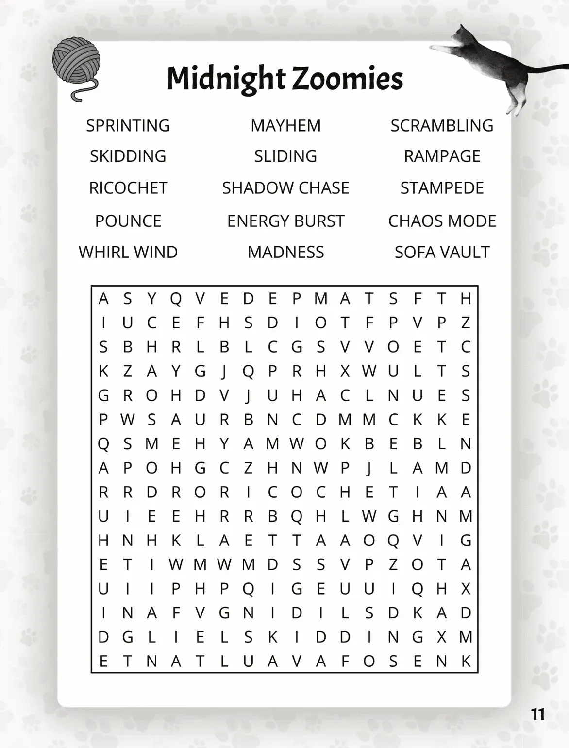 Midnight Zoomies puzzle page from The Ultimate Cats Word Search: a large print word search grid with a playful leaping-cat illustration