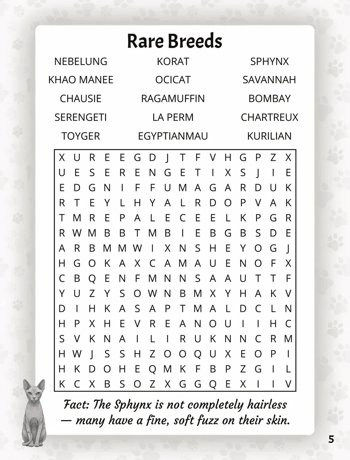 Rare Breeds puzzle page from The Ultimate Cats Word Search, with a fun cat fact printed beneath the large print grid