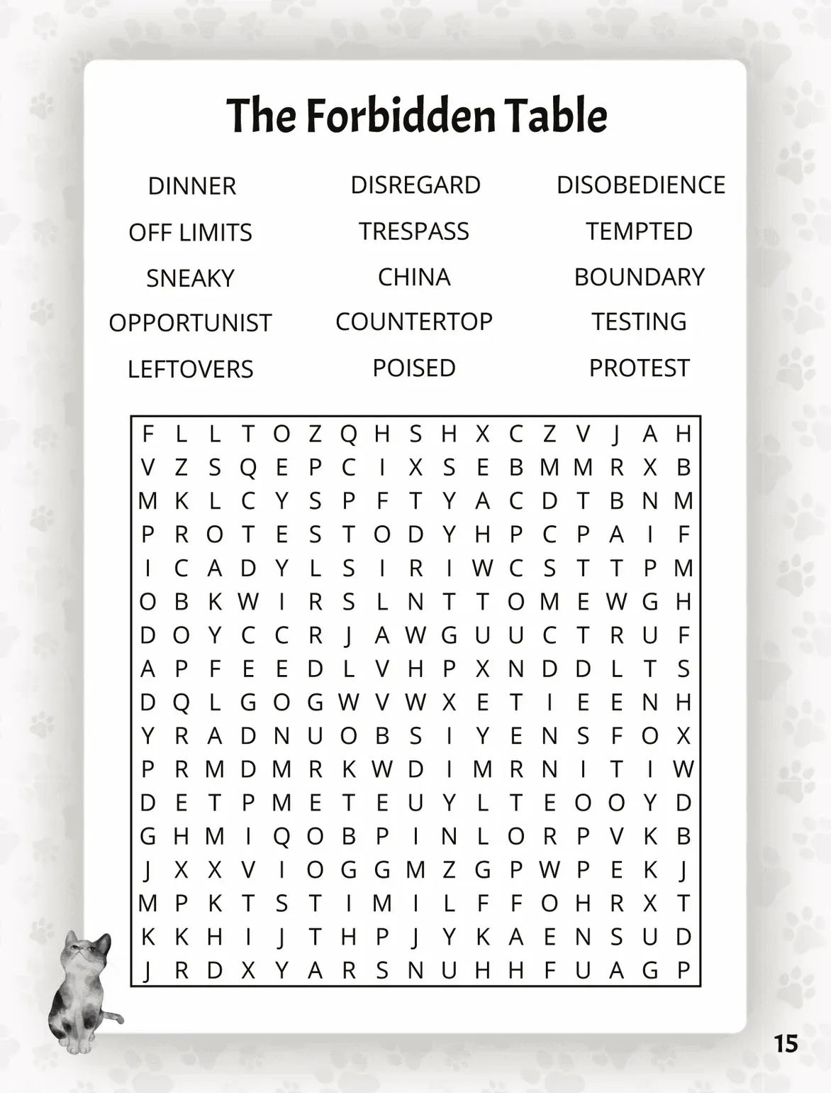 The Forbidden Table puzzle page from The Ultimate Cats Word Search: a large print themed word search grid