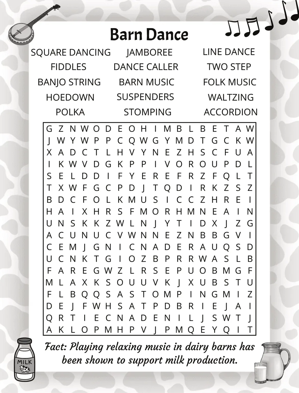 Barn Dance puzzle page from The Ultimate Cows Word Search: a large print word search grid with a cheerful farmyard illustration