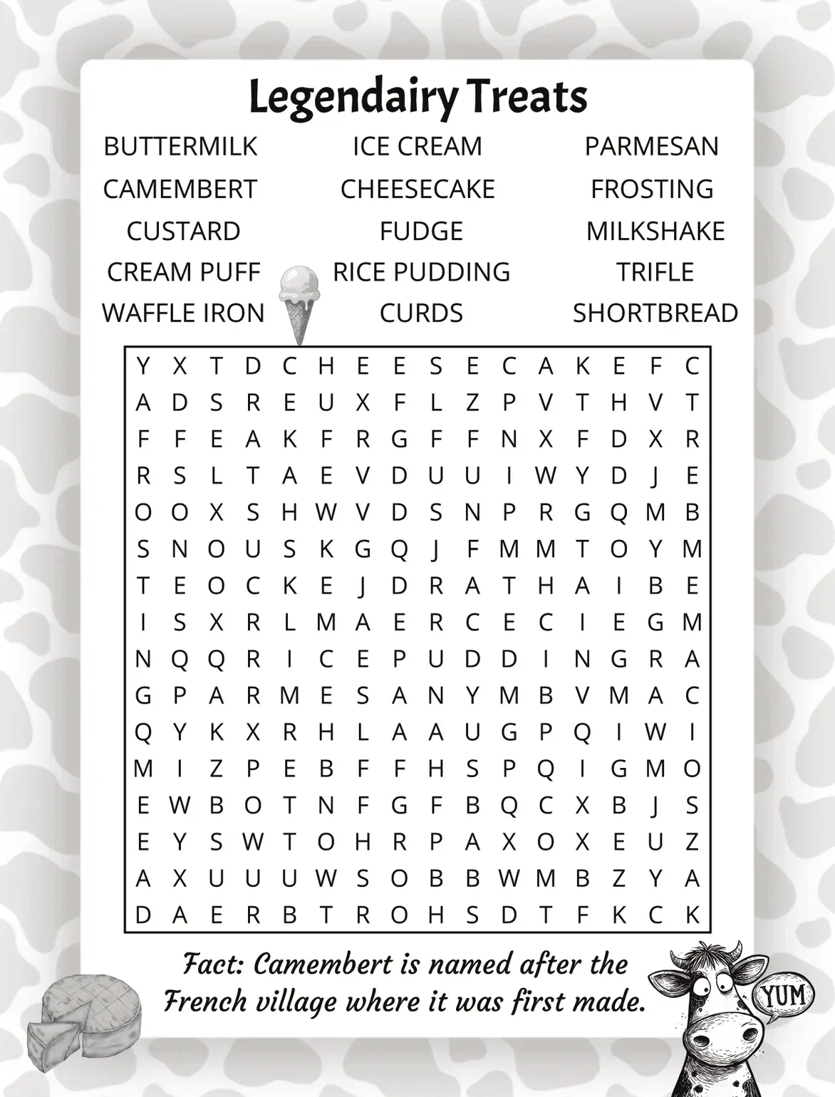 Legendairy Treats puzzle page from The Ultimate Cows Word Search, with a quirky cow fact printed beneath the large print grid