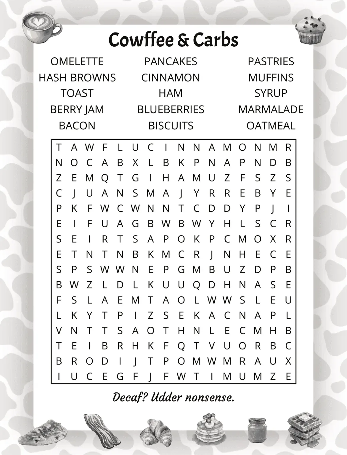 Cowffee and Carbs puzzle page from The Ultimate Cows Word Search: a large print grid with a groan-worthy pun beneath it
