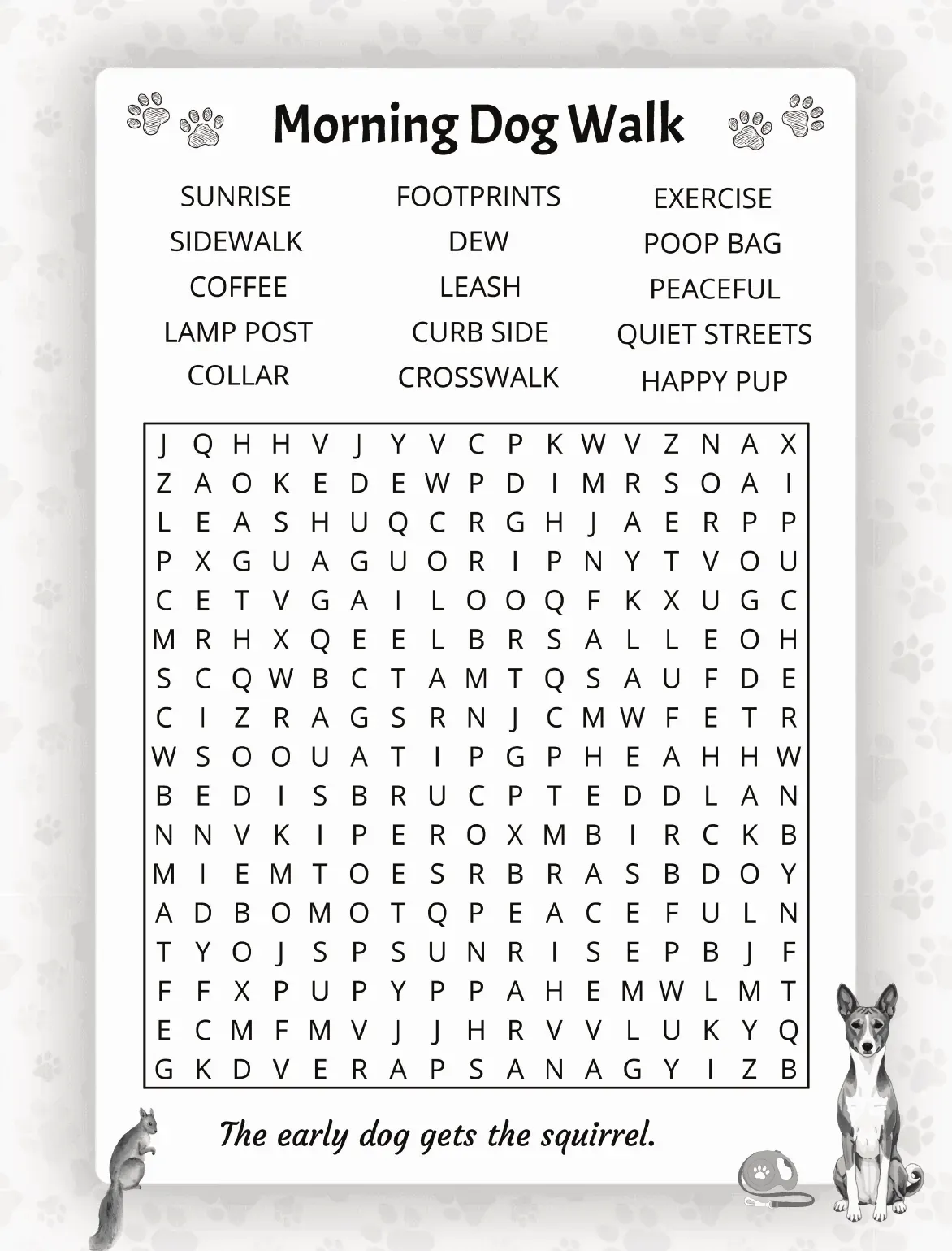 Morning Dog Walk puzzle page from The Ultimate Dogs Word Search, showing a large print word search grid with 15 words to find and a playful one-liner beneath the puzzle