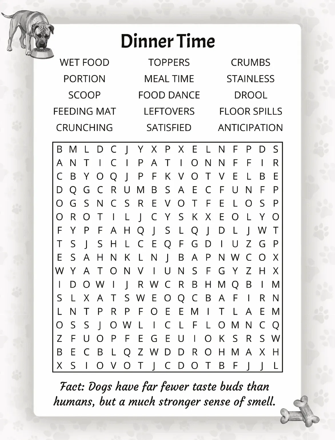 Dinner Time puzzle page from The Ultimate Dogs Word Search, with a large print grid and a fun dog fact printed beneath the puzzle