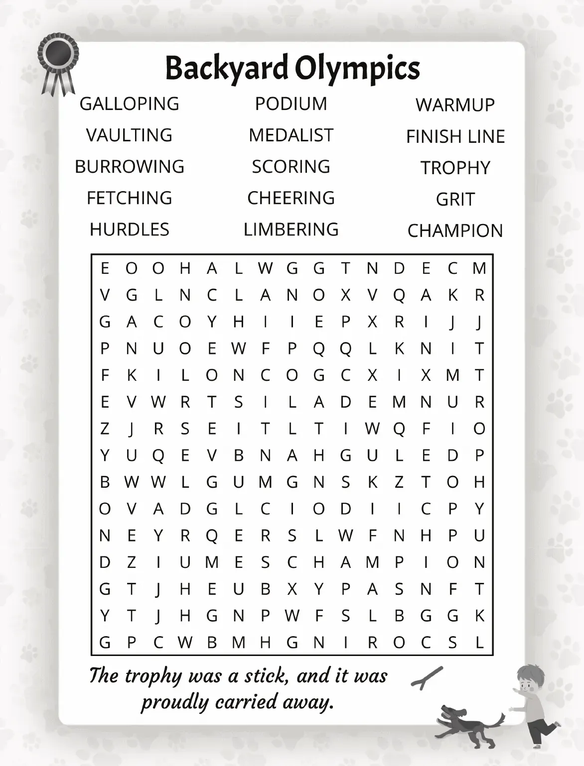 Backyard Olympics puzzle page from The Ultimate Dogs Word Search, a large print word search with a silly one-liner beneath the grid