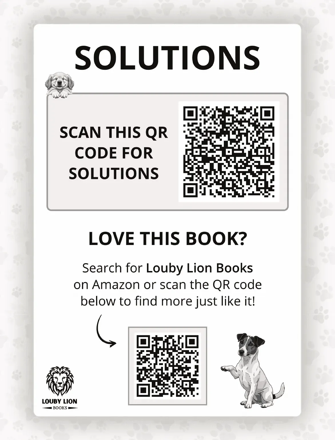 Solutions page from The Ultimate Dogs Word Search, with a QR code that links to every puzzle solution